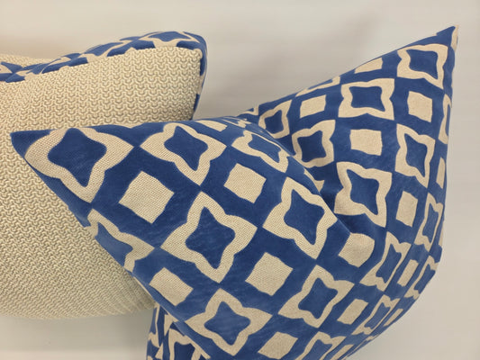 Royal Blue Geometric Cut Velvet Pillow – 22" Square
