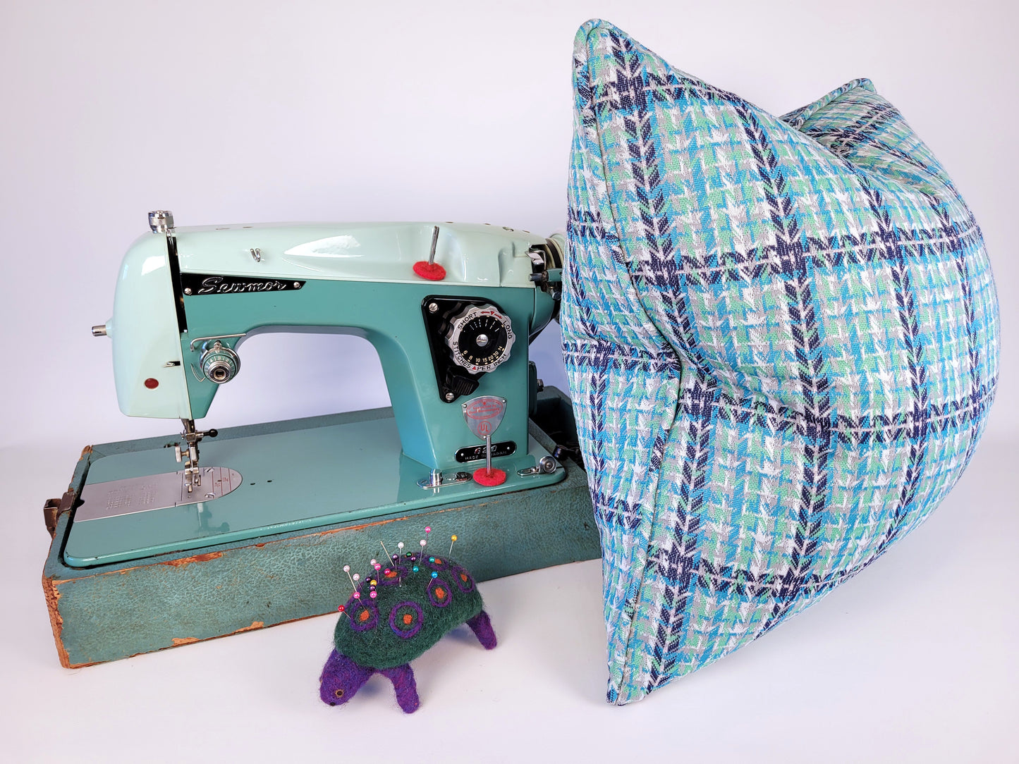 Vintage Early 1970s Navy Blue, Turquoise Blue, Grey, Green Double Knit Pillow 20"