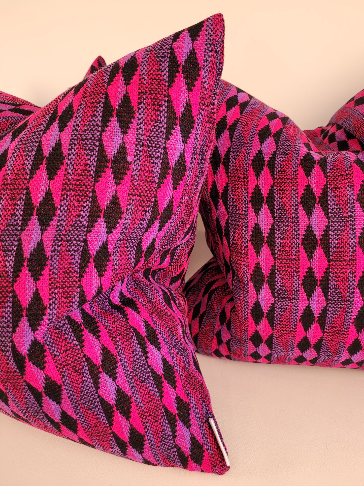 Vintage 1960s Hot Pink, Purple and Black Geometric Pillow 18"