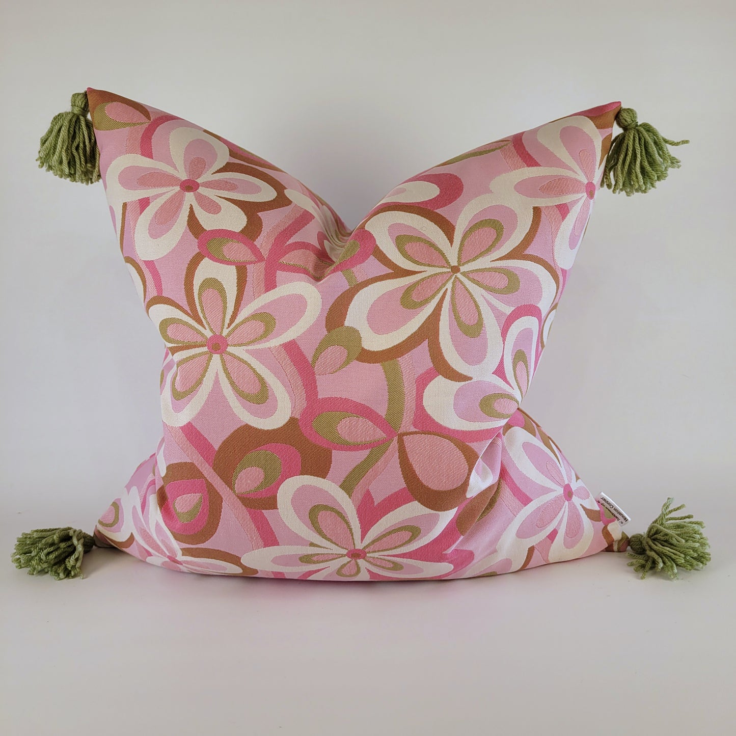 Vintage 1970s Pink Flower-Power Pillow with Handmade Tassels 22"