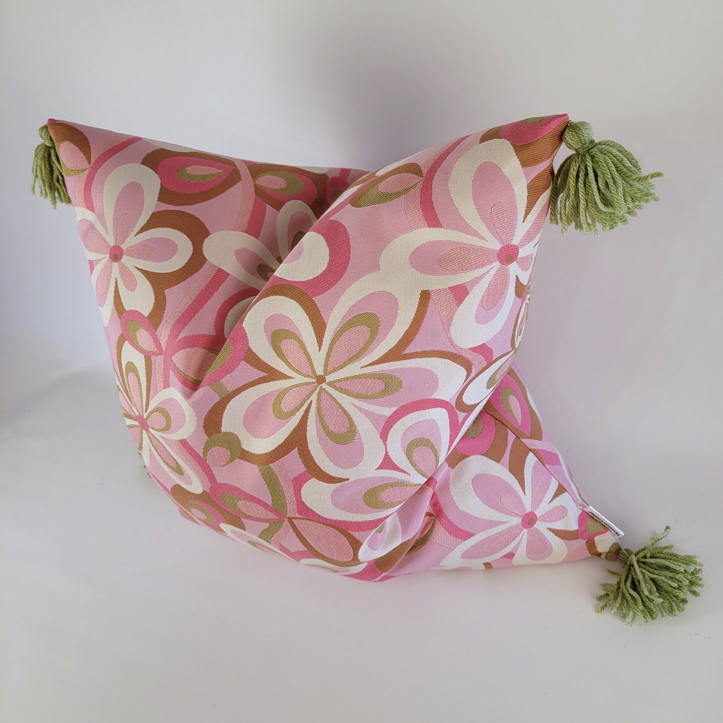 Vintage 1970s Pink Flower-Power Pillow with Handmade Tassels 22"