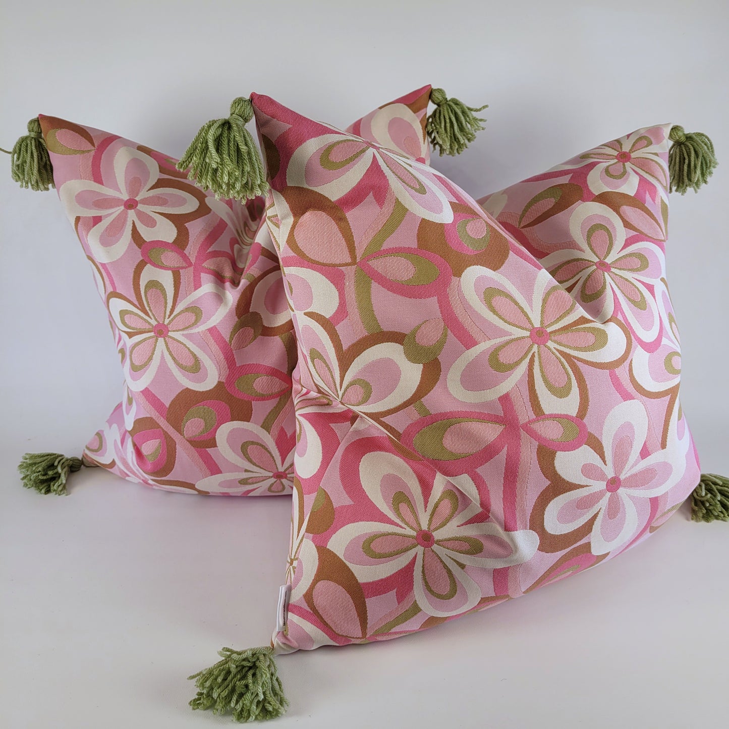 Vintage 1970s Pink Flower-Power Pillow with Handmade Tassels 22"