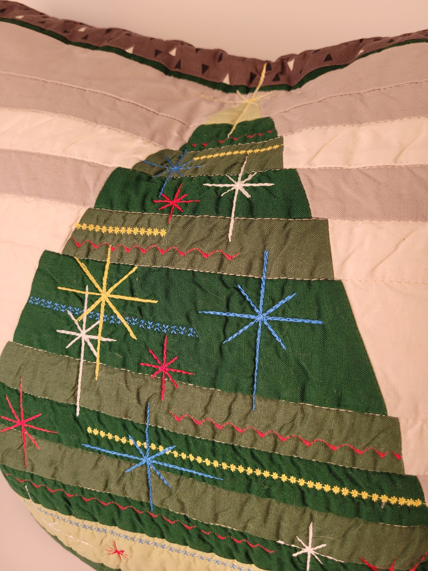 Quilted, Embroidered Mid-Century Kitsch Inspired Christmas Tree Pillow 22"