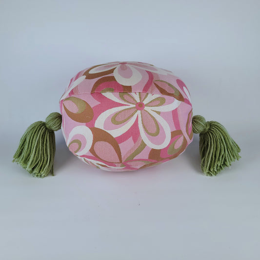 Vintage 1970s Pink and Green Flower-Power Accent Pillow with Handmade Tassels
