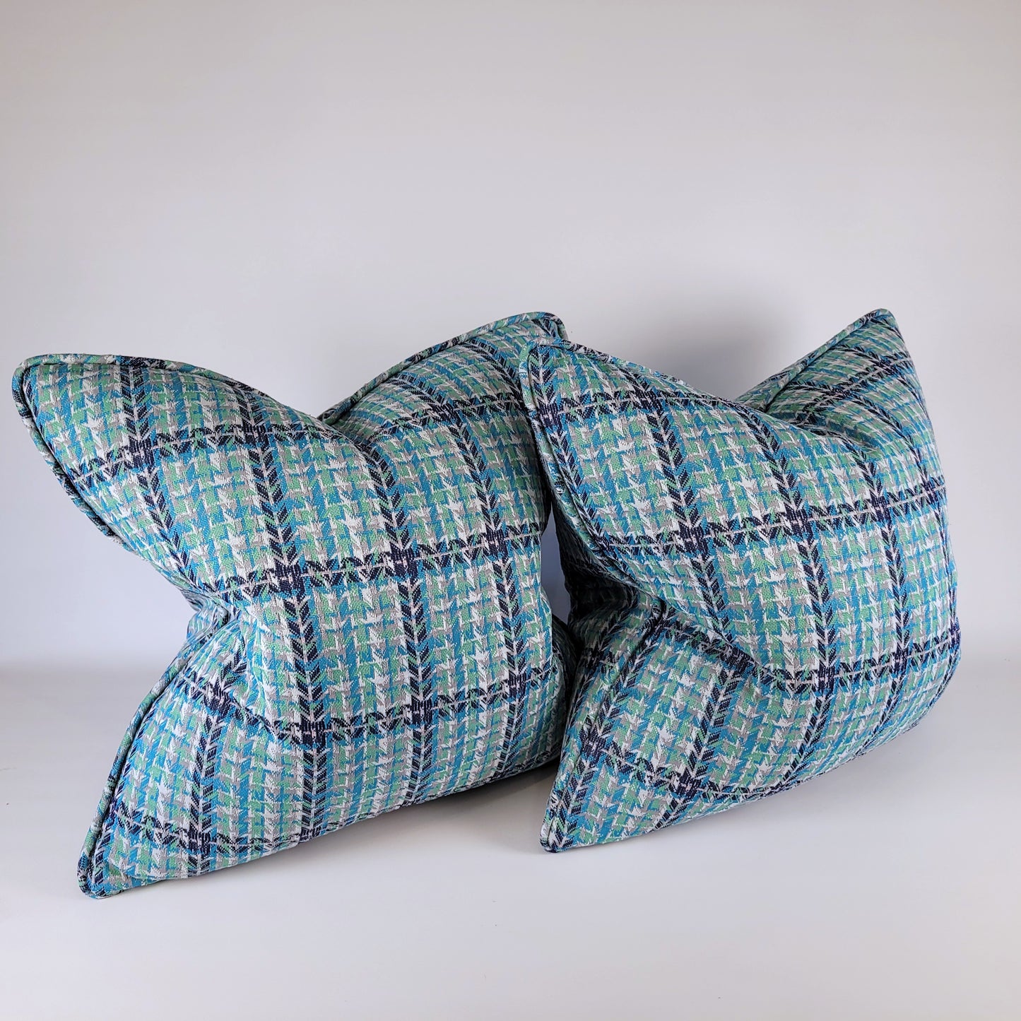 Vintage Early 1970s Navy Blue, Turquoise Blue, Grey, Green Double Knit Pillow 20"
