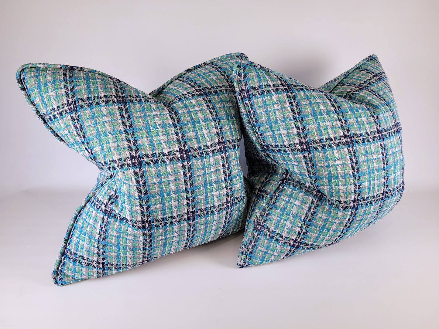 Vintage Early 1970s Navy Blue, Turquoise Blue, Grey, Green Double Knit Pillow 20"