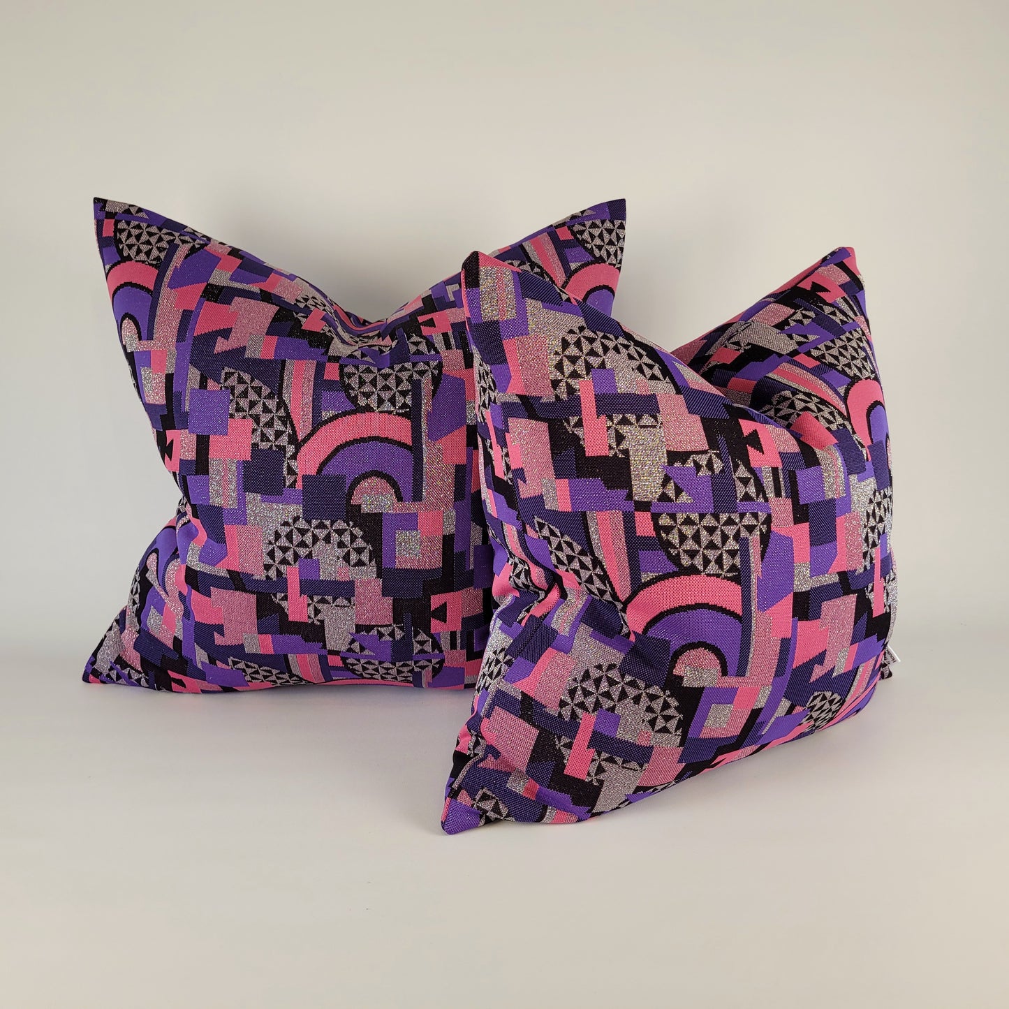 Sparkly Silver, Pink, Purple, Black Geometric Pillow 18"