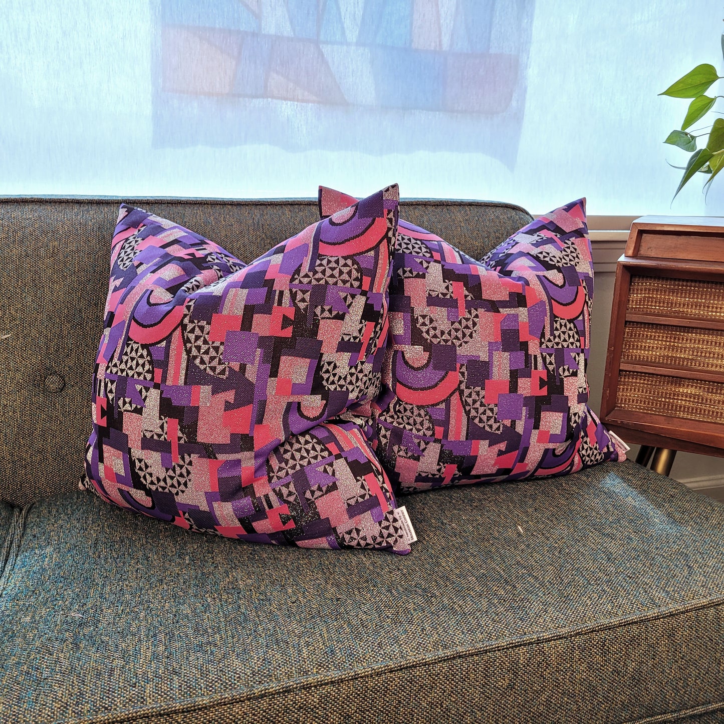Sparkly Silver, Pink, Purple, Black Geometric Pillow 18"