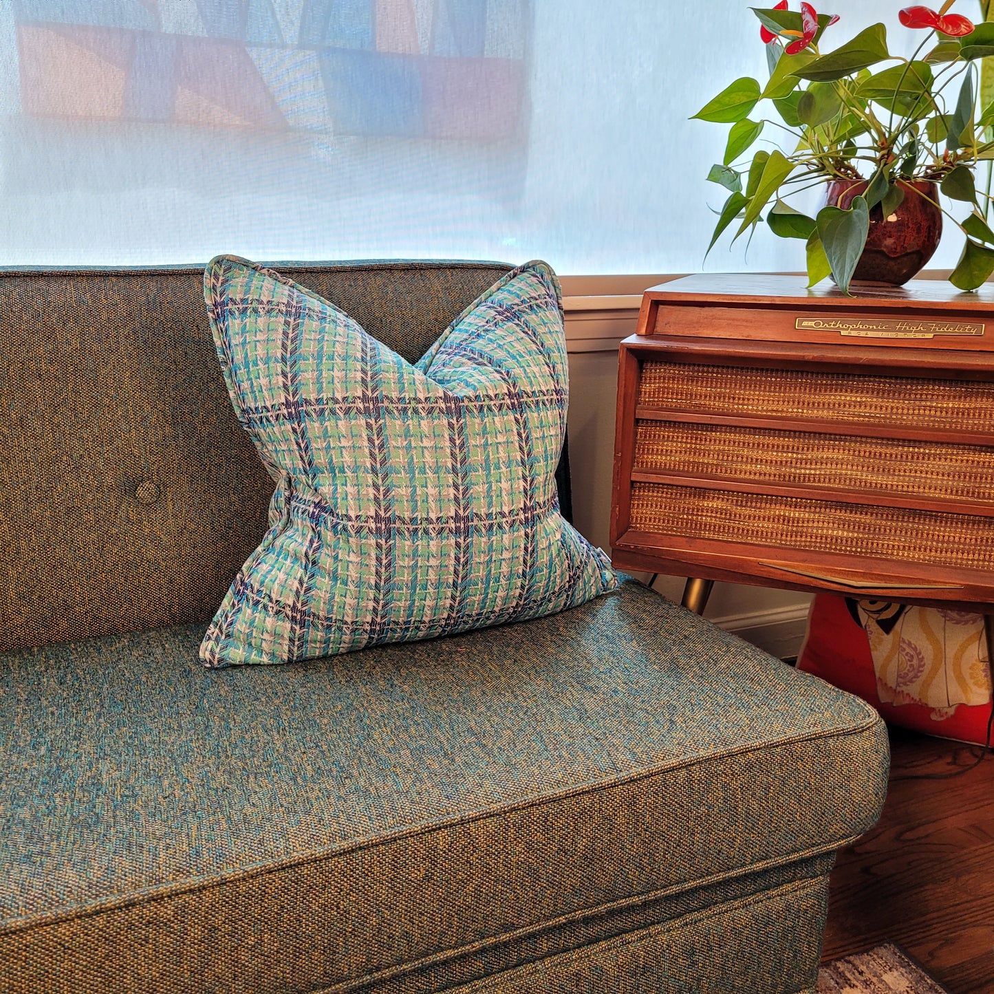 Vintage Early 1970s Navy Blue, Turquoise Blue, Grey, Green Double Knit Pillow 20"