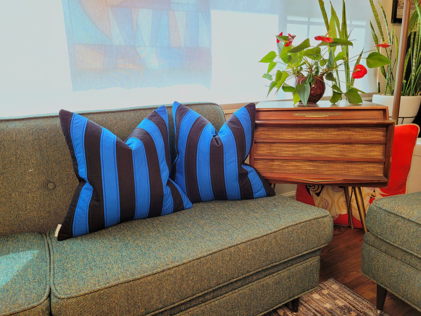 Black and Blue Striped Quilted Pillow with Contrasting Stitching 20"