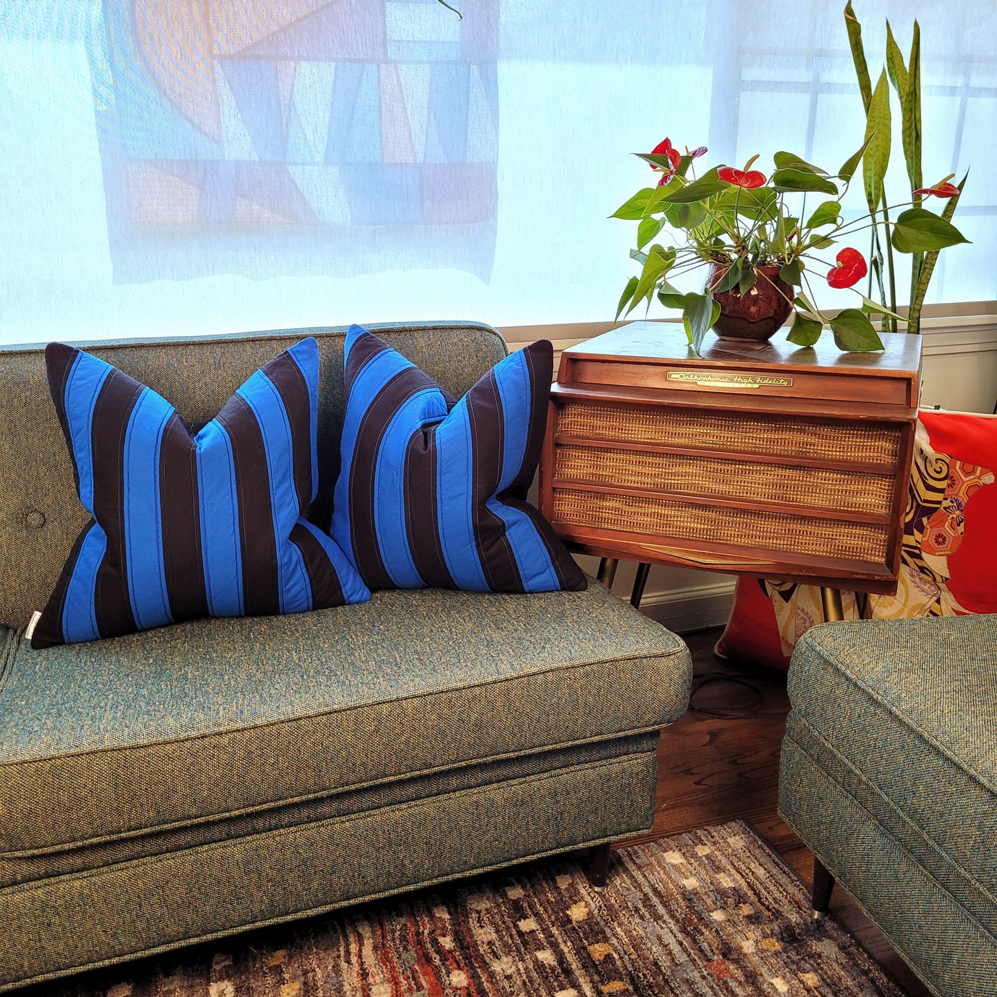 Black and Blue Striped Quilted Pillow with Contrasting Stitching 20"