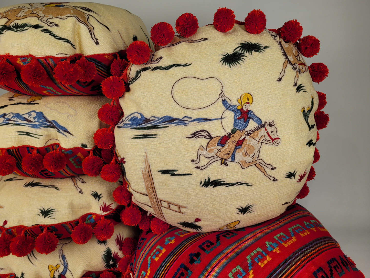 1950s Style Western Cowboy Kitsch Barkcloth Round Pom-Pom Pillow 18"