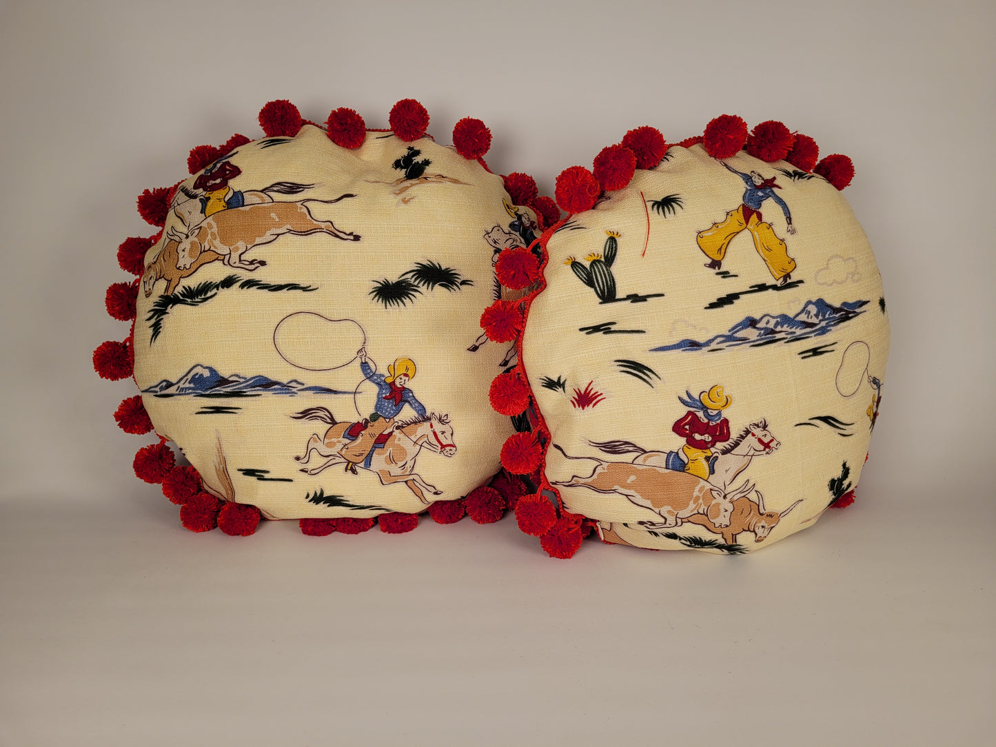 1950s Style Western Cowboy Kitsch Barkcloth Round Pom-Pom Pillow 18"