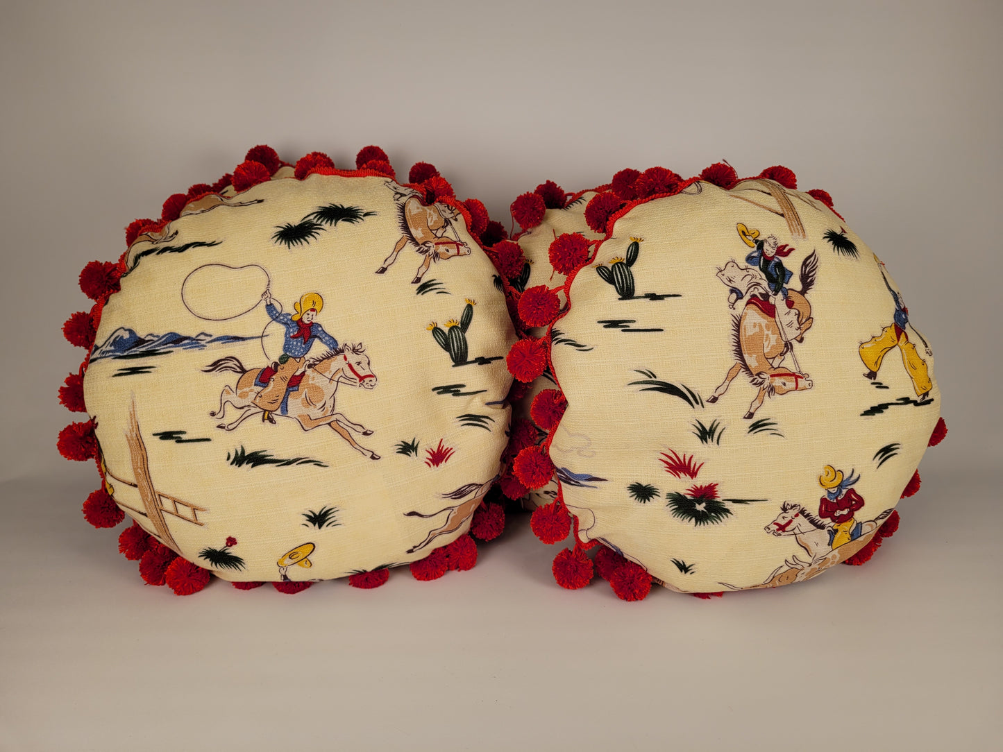 1950s Style Western Cowboy Kitsch Barkcloth Round Pom-Pom Pillow 18"