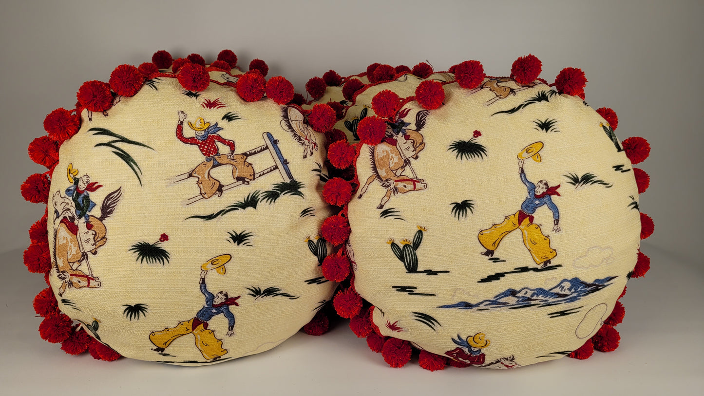 1950s Style Western Cowboy Kitsch Barkcloth Round Pom-Pom Pillow 18"