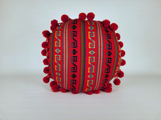 1950s Style Western Cowboy Kitsch Barkcloth Round Pom-Pom Pillow 18"