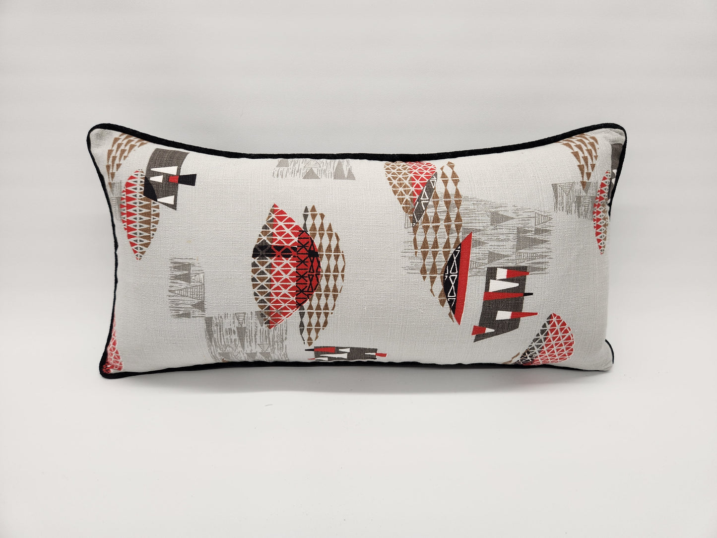 Atomic 1950s Vintage Barkcloth 12x24 Lumbar Pillow: Black, Red, Brown on Light Grey, Mid-Century-Modern, Only 3 Available