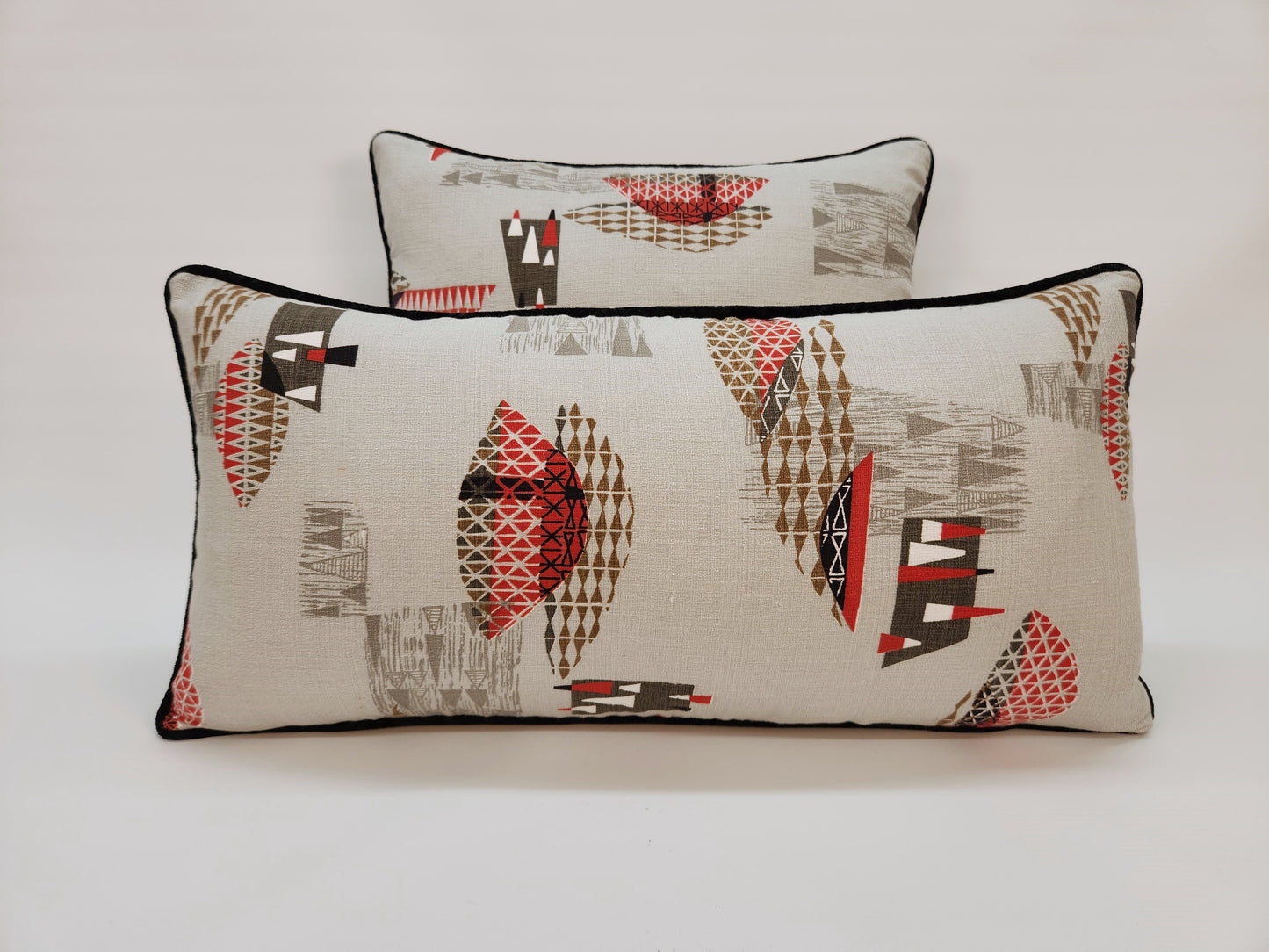 Atomic 1950s Vintage Barkcloth 12x24 Lumbar Pillow: Black, Red, Brown on Light Grey, Mid-Century-Modern, Only 3 Available