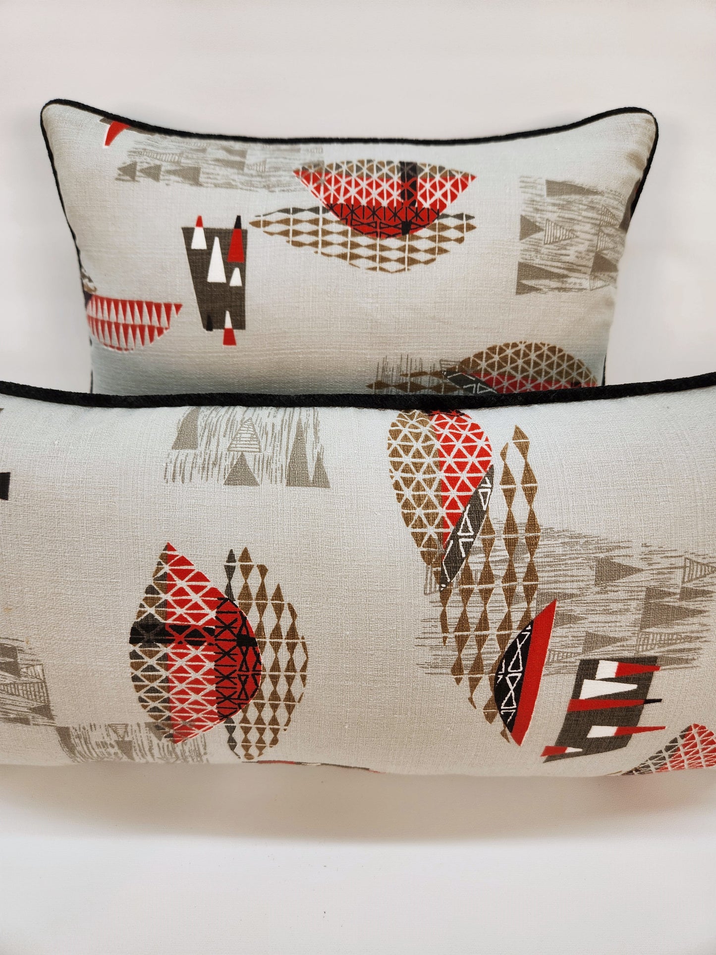 Atomic 1950s Vintage Barkcloth Fabric 12x18 Lumbar Pillow: Black, Red, Brown on Light Grey, Mid-Century-Modern, Only 3 Available