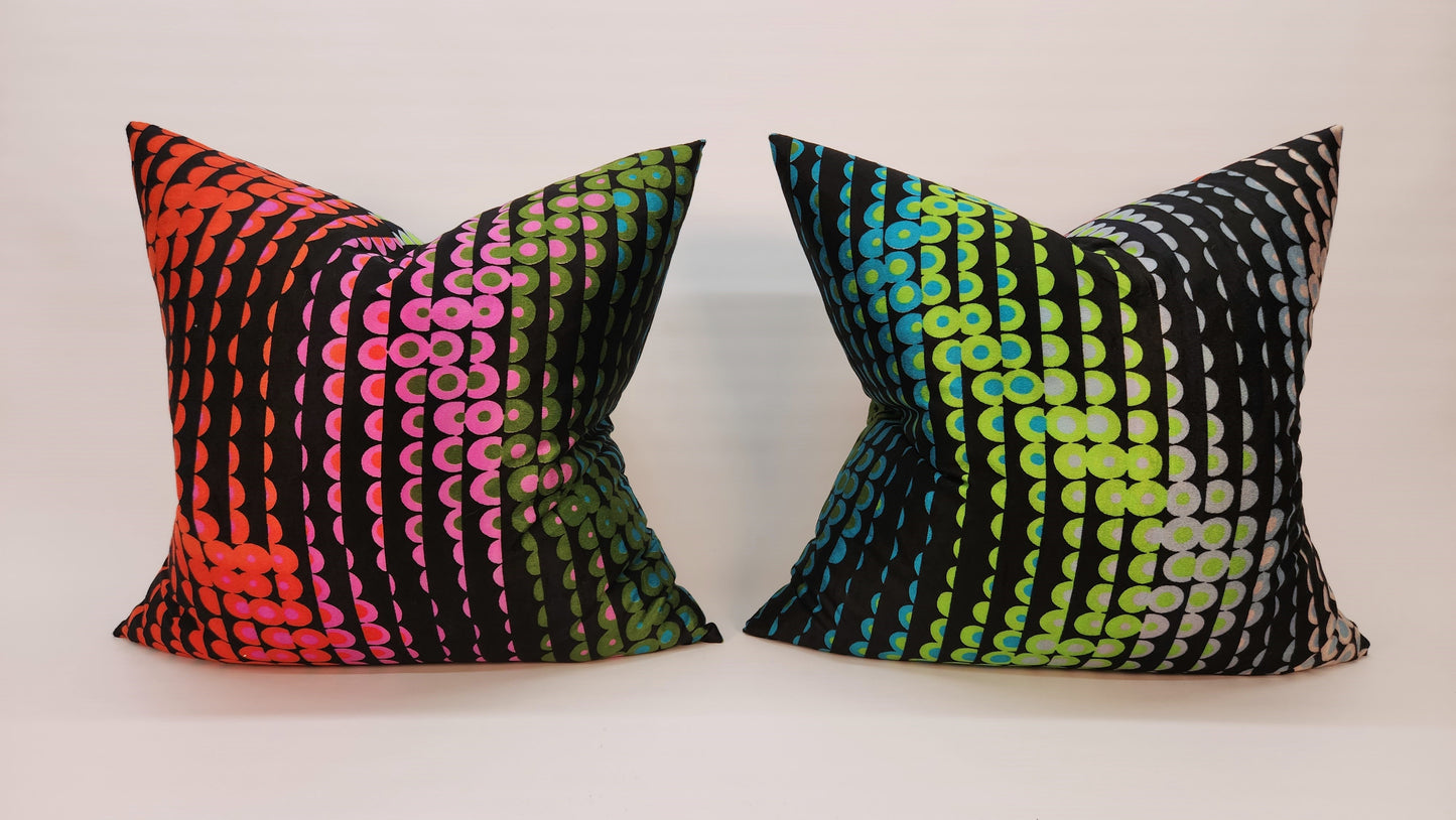 Disco Lights Vintage 1970s Rainbow and Black Pillow, 22" Chenille-like