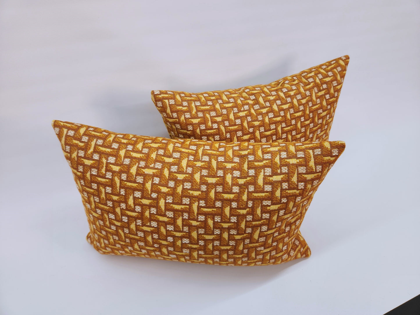 Vintage Fabric Chunky Orange, Yellow and Natural Geometric Woven 1970s Lumbar Pillow 12"x18"