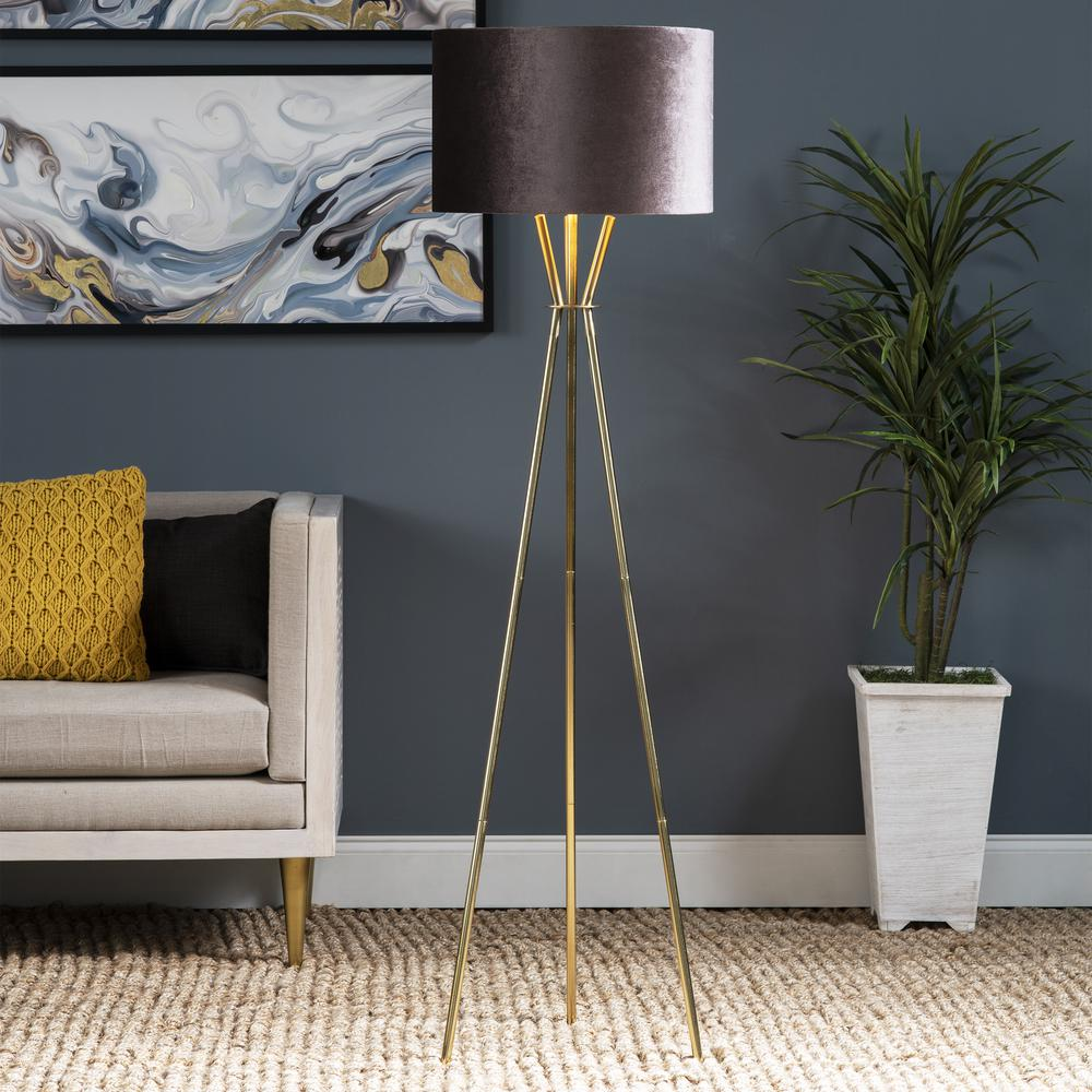 Tripod Floor Lamp with Gold-Lined Black Shade 63"