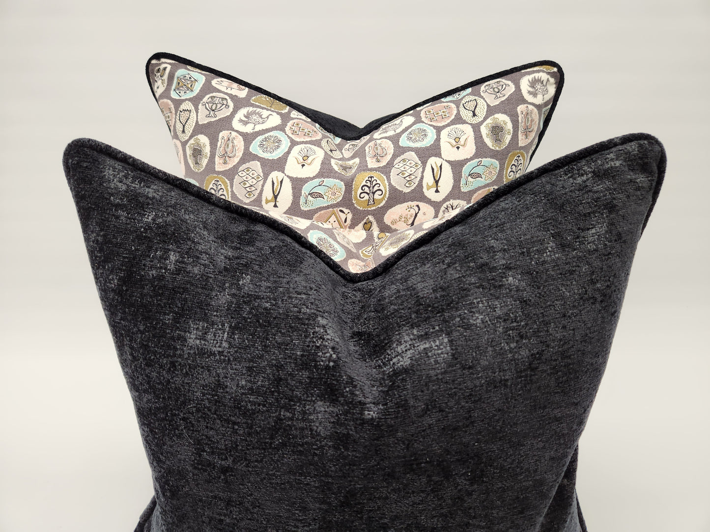 Whimsical 1950s Vintage Barkcloth 20" Square: Teal, Pink, Metallic Gold, Black, Grey, Mid-Century-Modern, Only 2 Available