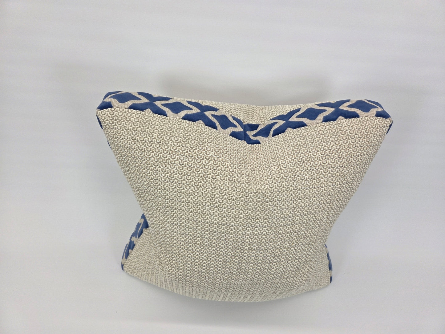 Greige Woven Pillow with Royal Blue Velvet Boxed Edge – 20" Square