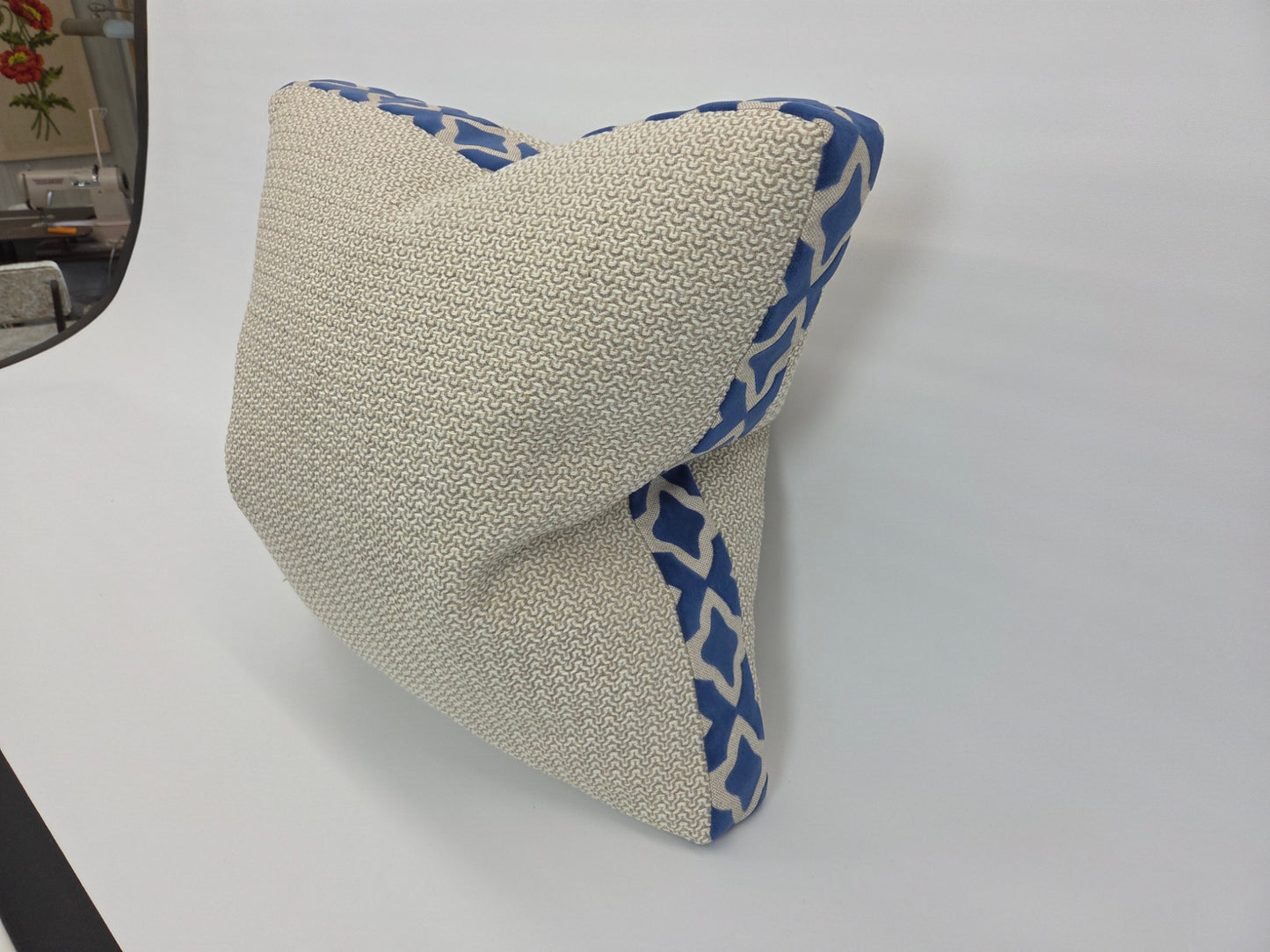 Greige Woven Pillow with Royal Blue Velvet Boxed Edge – 20" Square