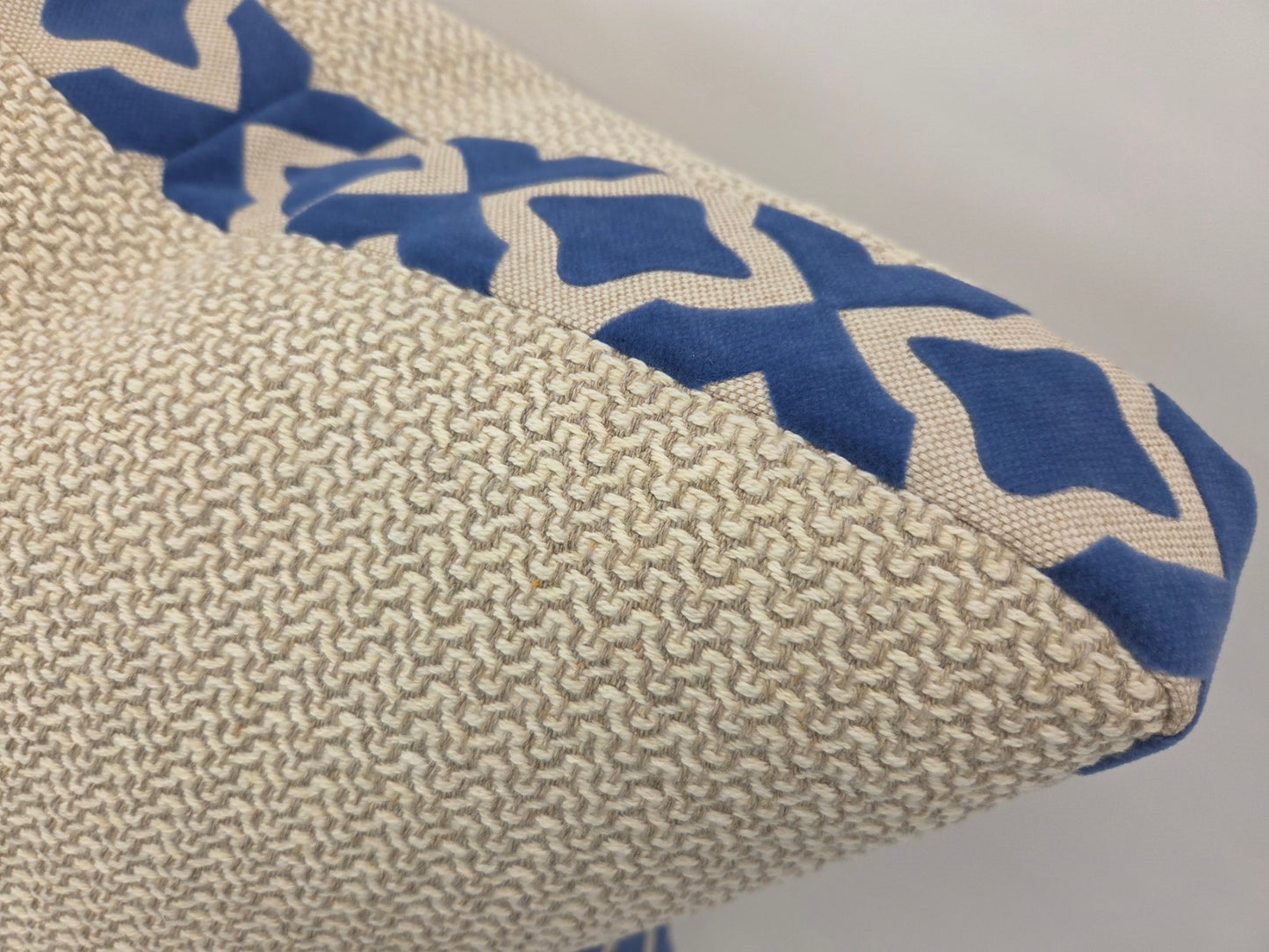 Greige Woven Pillow with Royal Blue Velvet Boxed Edge – 20" Square
