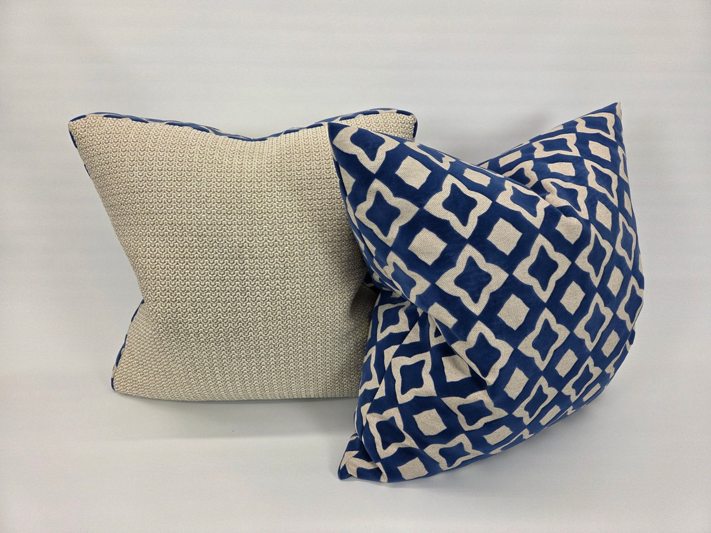 Greige Woven Pillow with Royal Blue Velvet Boxed Edge – 20" Square