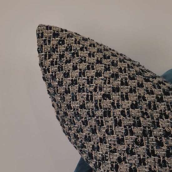 Dark Teal and Grey Tweed Pillow with Dark Teal Velvet Back 22"