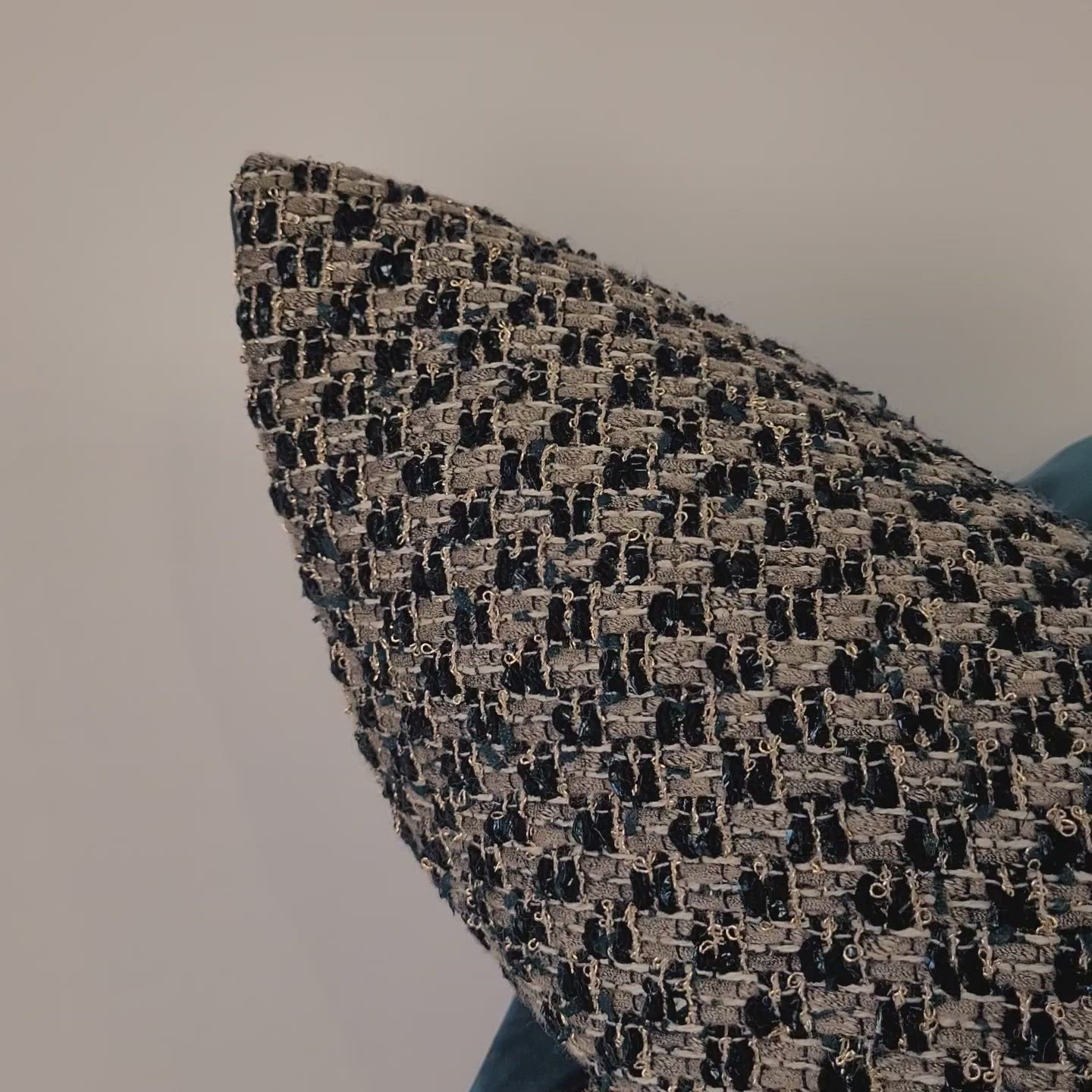 Dark Teal and Grey Tweed Pillow with Dark Teal Velvet Back 22"