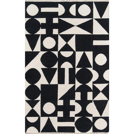 Black and White Shapes Wool Area Rug, 7'6" X 9'6"