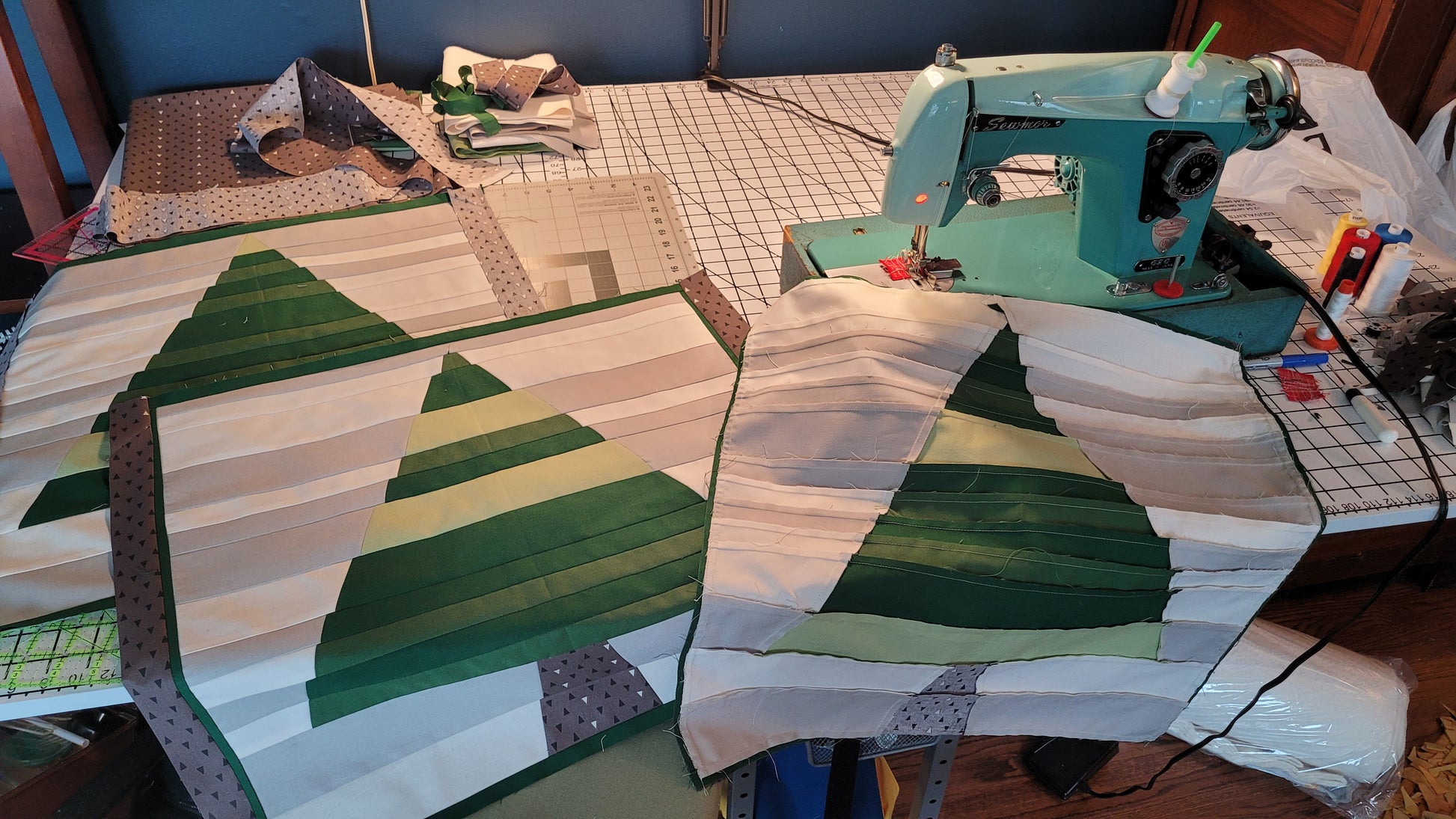Quilted, Embroidered Mid-Century Kitsch Inspired Christmas Tree Pillow 22" made on 1960s era vintage sewing machines