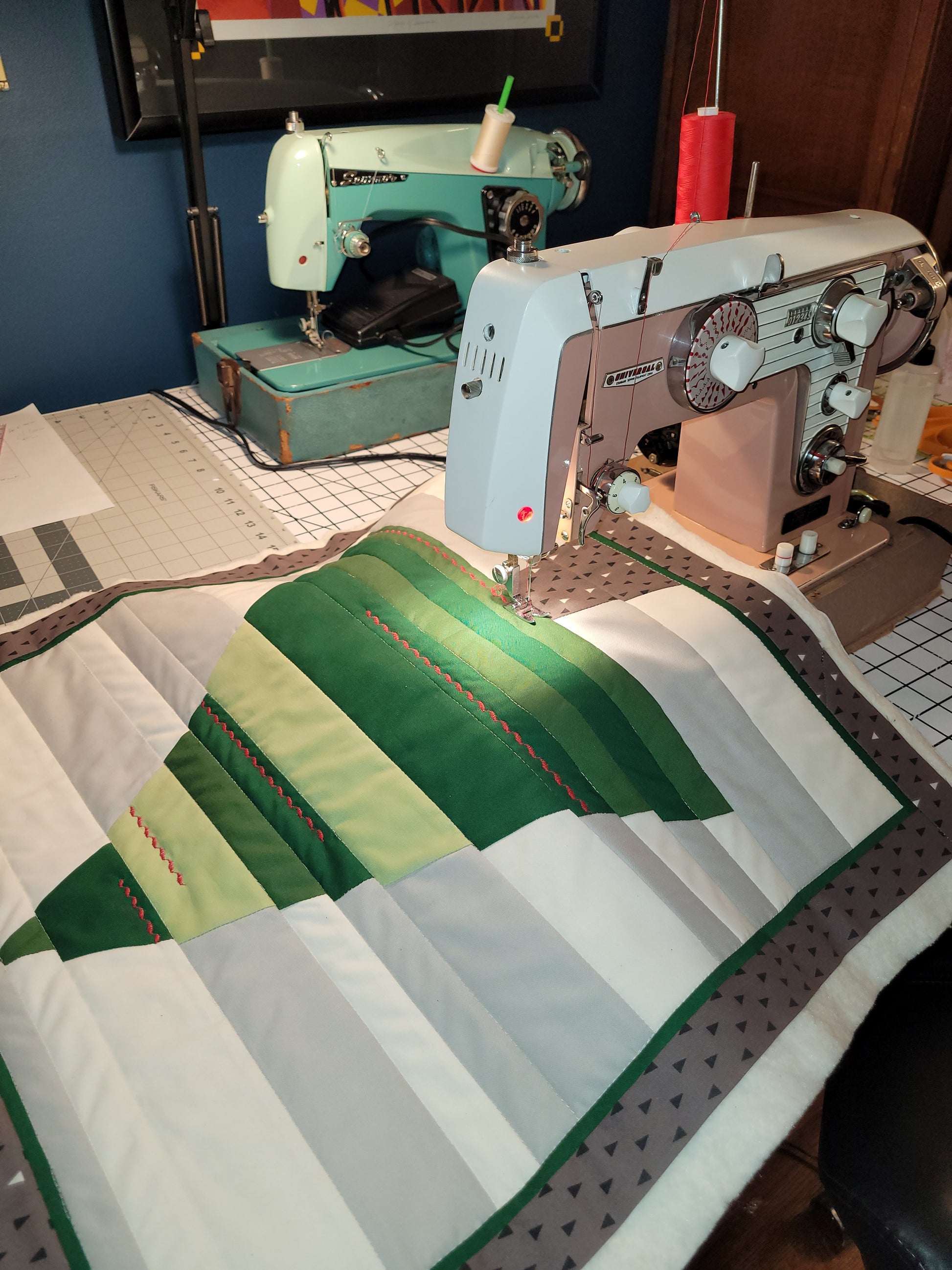 Quilted, Embroidered Mid-Century Kitsch Inspired Christmas Tree Pillow 22" made on 1960s era vintage sewing machines