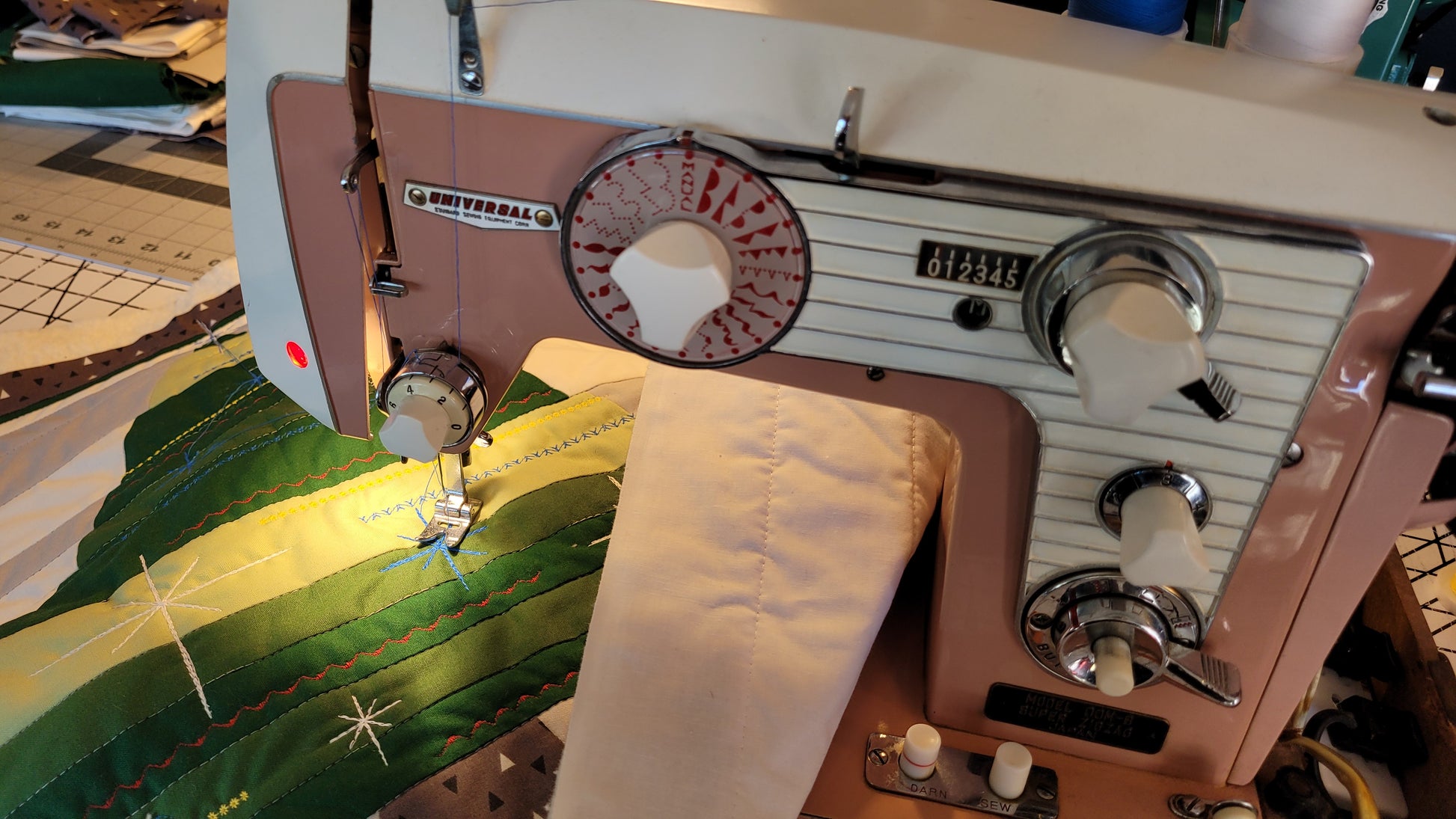 Quilted, Embroidered Mid-Century Kitsch Inspired Christmas Tree Pillow 22" made on vintage sewing machine from 1960s