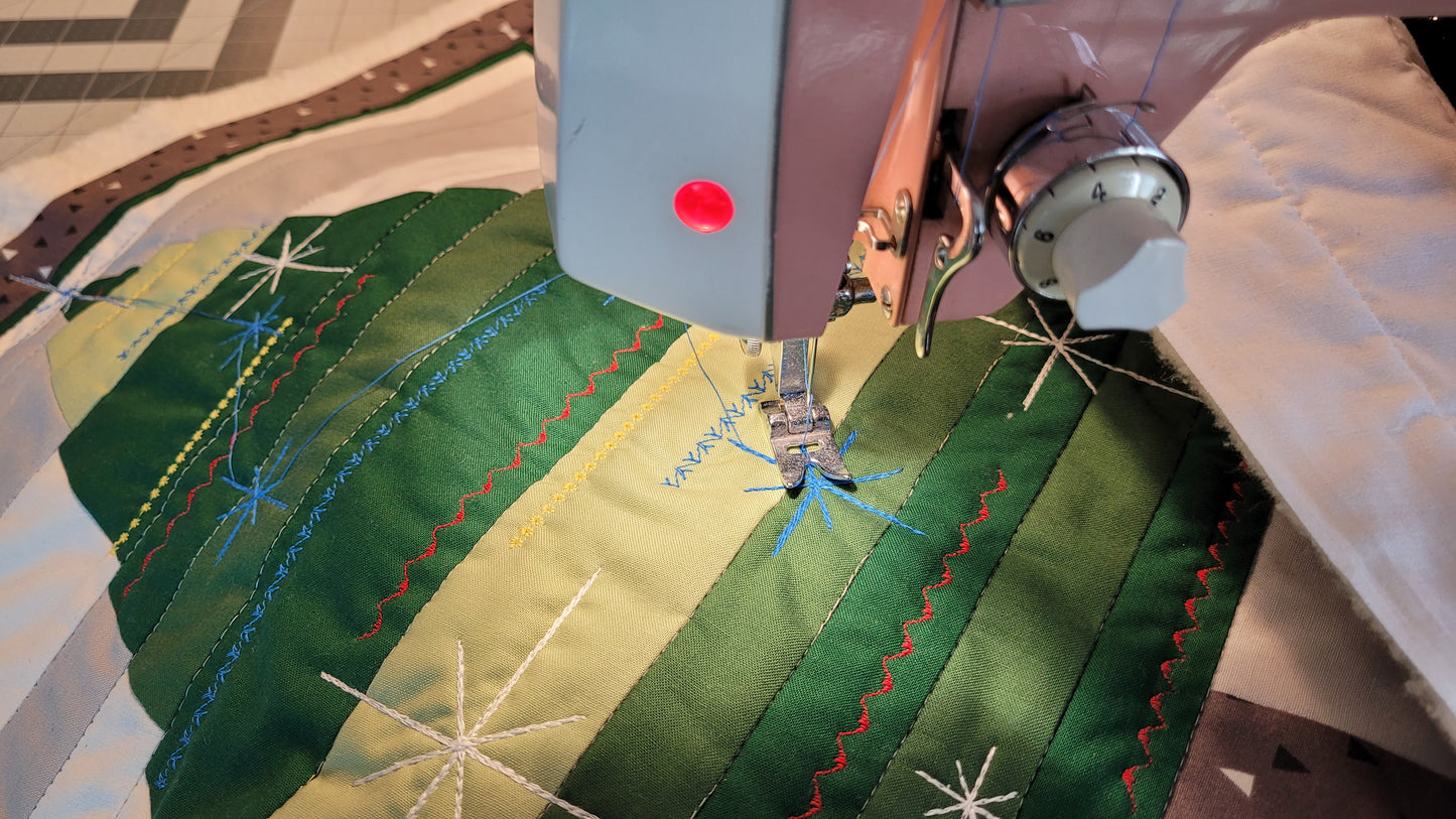 Quilted, Embroidered Mid-Century Kitsch Inspired Christmas Tree Pillow 22" made on vintage sewing machines from 1960s