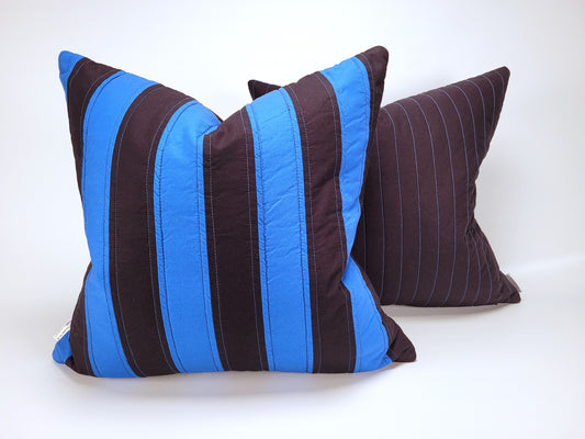 Black and Blue Striped Quilted Pillow with Contrasting Stitching 20"