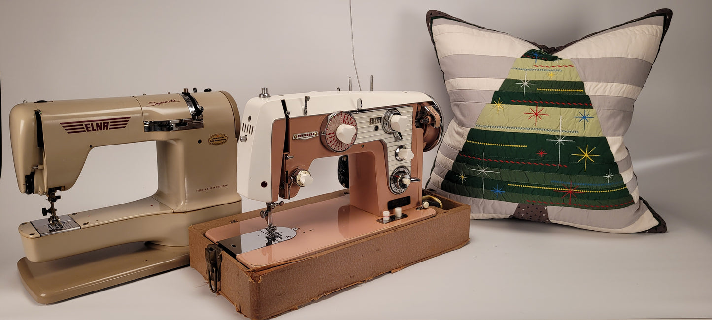 Quilted, Embroidered Mid-Century Kitsch Inspired Christmas Tree Pillow 22" made with 1960s era vintage sewing machines 