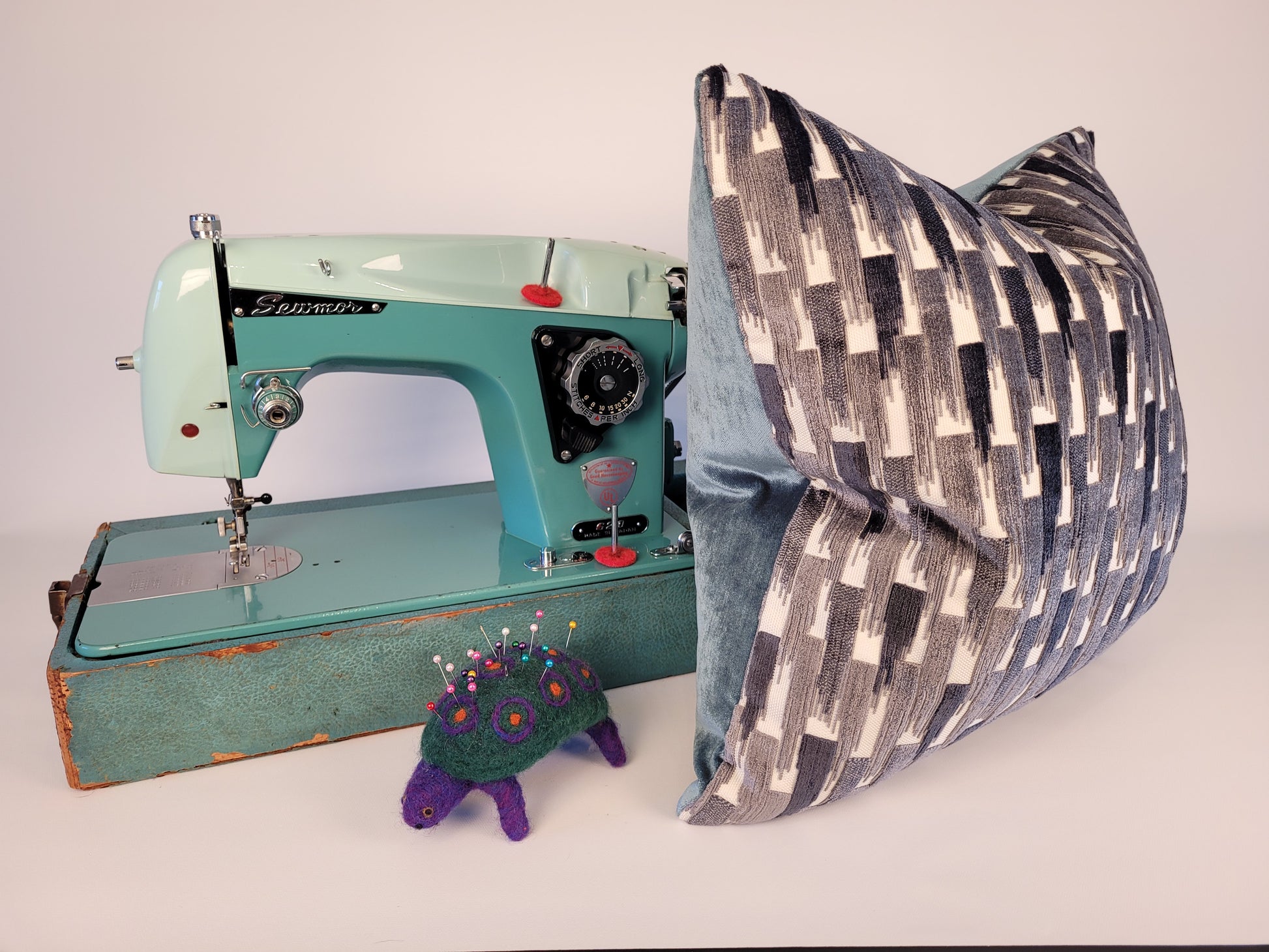Dark and Light Grey Velvet Accent Pillow with Teal Mohair Back 18" made on 1950s sewmor vintage sewing machine
