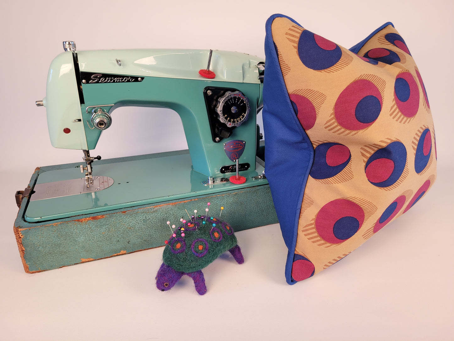 Vintage 1950s Blue, Purple and Brown "Olive" or "Eye" Pillow with Welt 16" handmade on sewmor vintage sewing machine from 1955