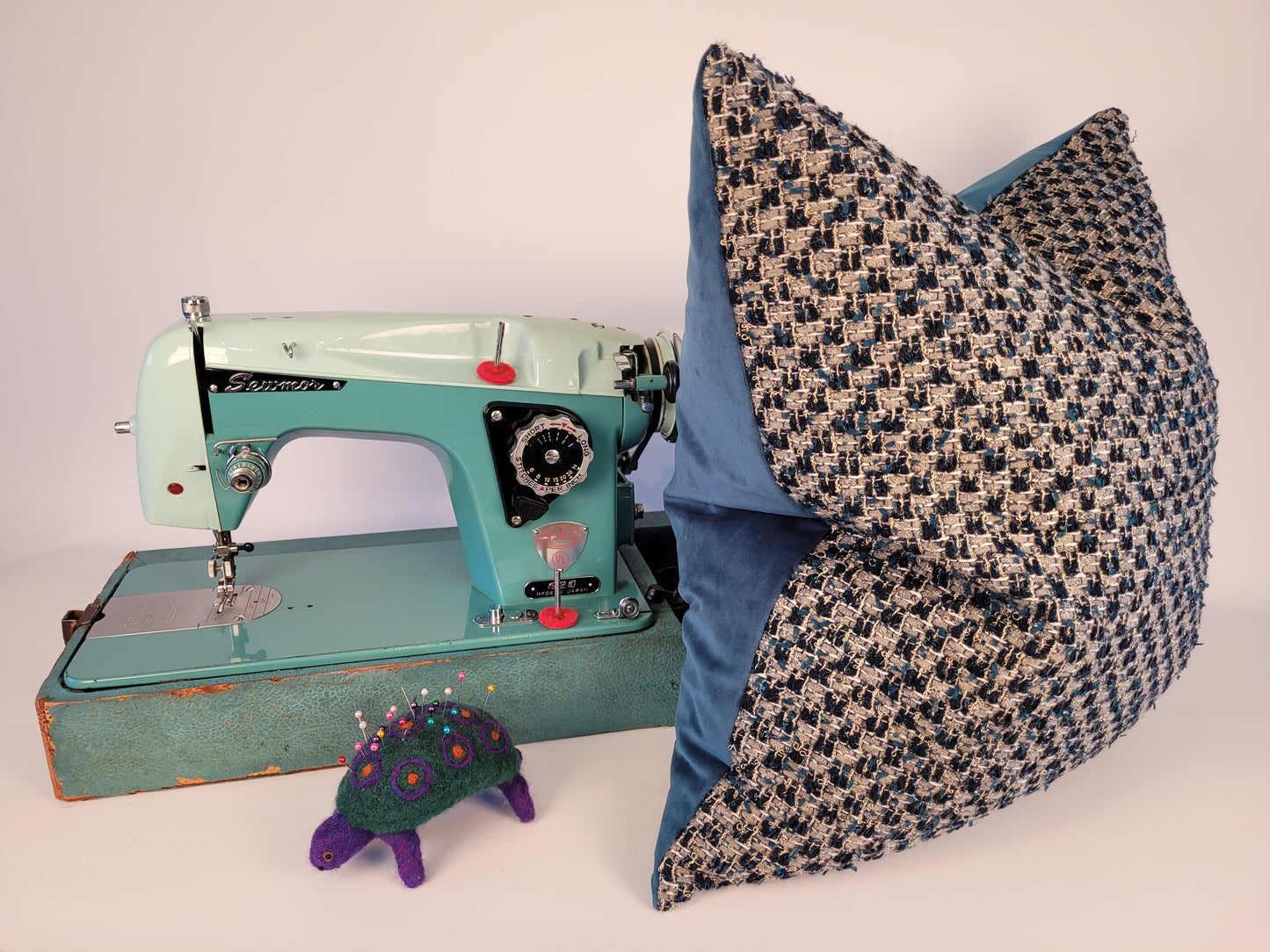 Dark Teal and Grey Tweed Pillow with Dark Teal Velvet Back 22" made on vintage 1950s sewmor sewing machine
