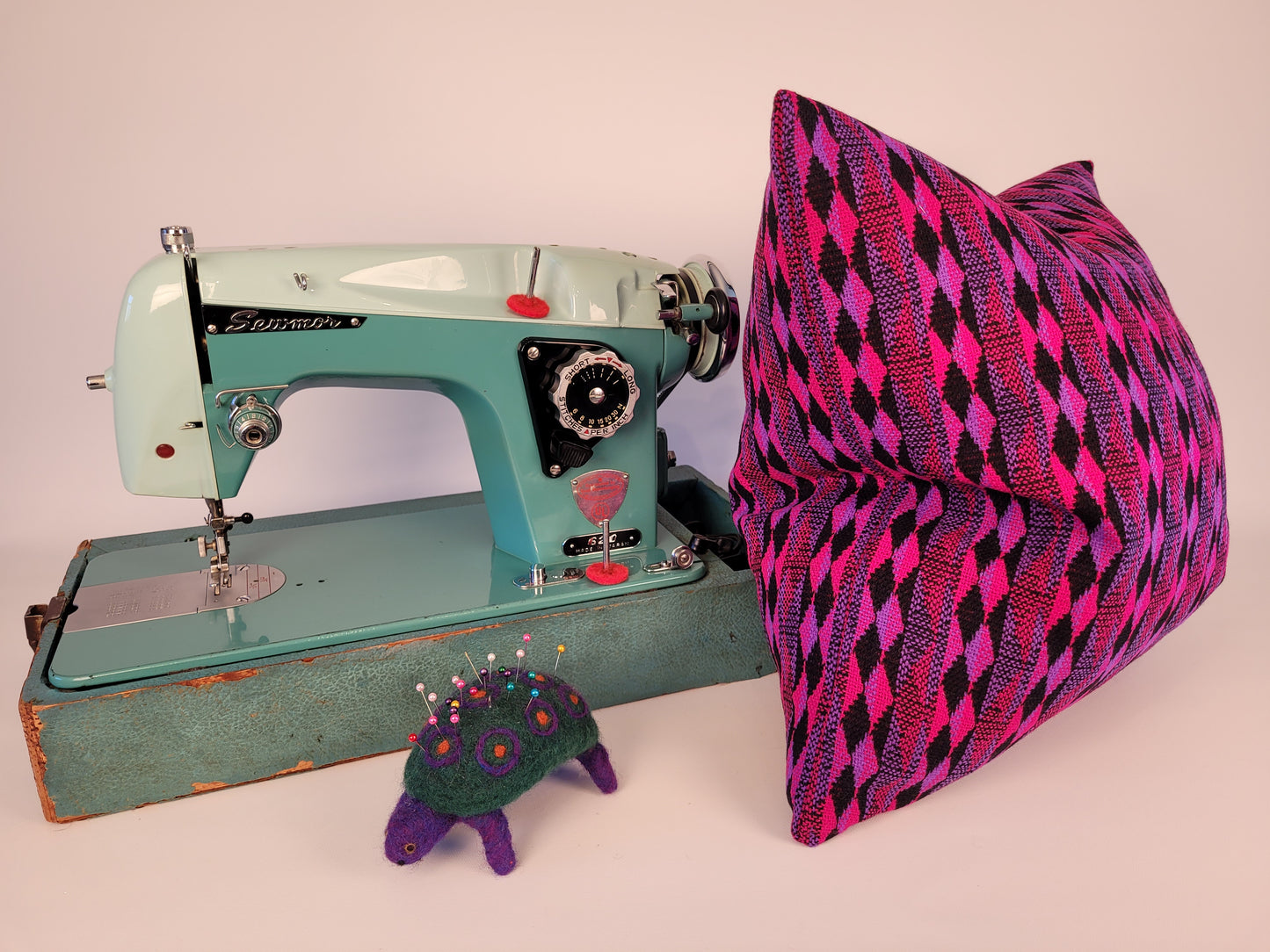 Vintage 1960s Hot Pink, Purple and Black Geometric Pillow 18" handmade on sewmor 620 vintage sewing machine from 1955