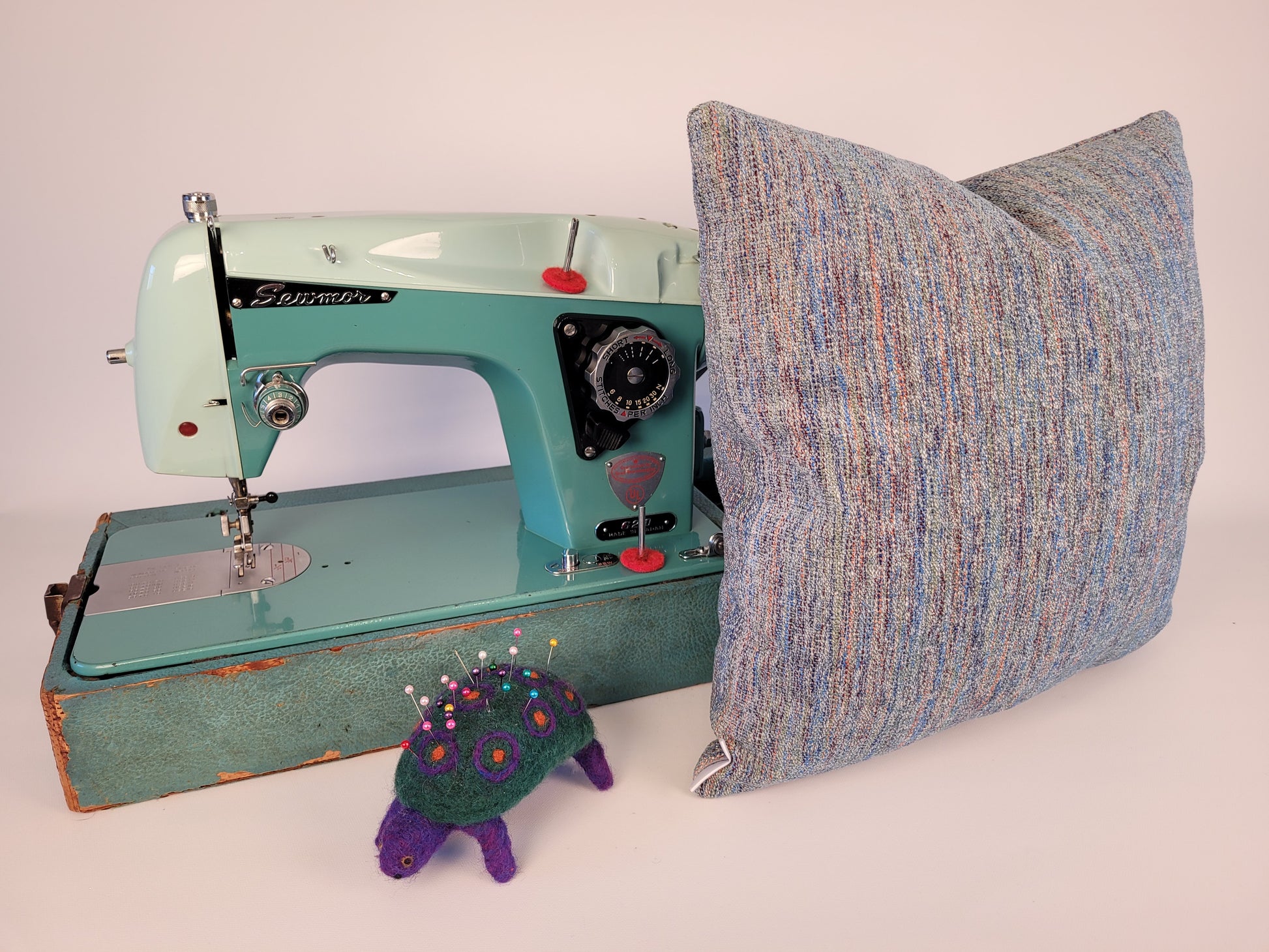 Turquoise Tweed Accent Pillow 16" feather insert made on vintage sewing machine from 1950s