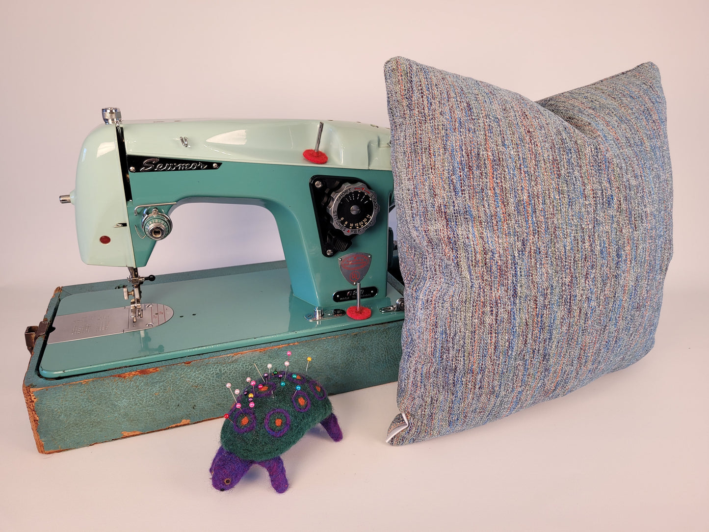 Turquoise Tweed Accent Pillow 16" poly insert  created with 1955 sewmor 620 vintage sewing machine  