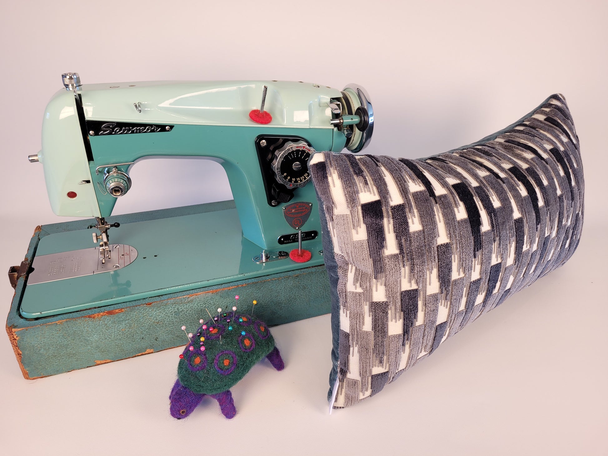 Dark and Light Grey Velvet Accent Pillow with Teal Mohair Back 12"x20" Lumbar made on vintage sewmor sewing machine