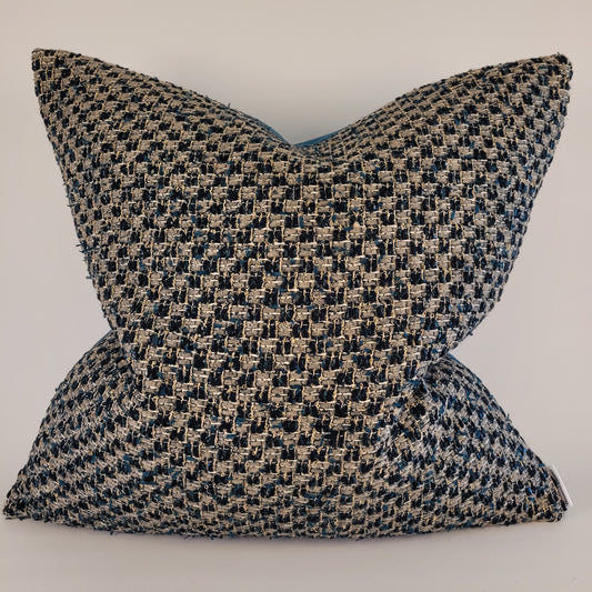 Dark Teal and Grey Tweed Pillow with Dark Teal Velvet Back 22"