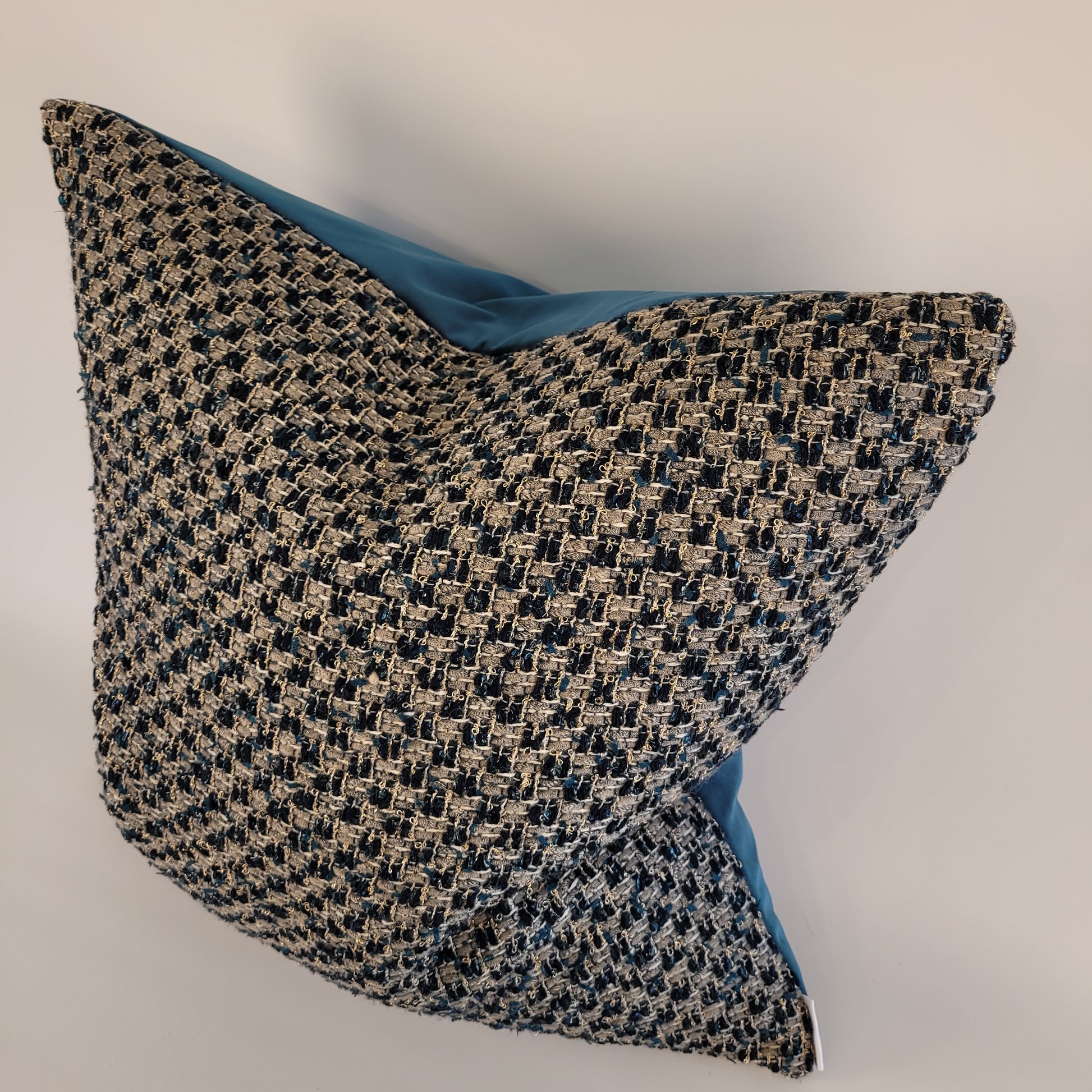 Dark Teal and Grey Tweed Pillow with Dark Teal Velvet Back 22"