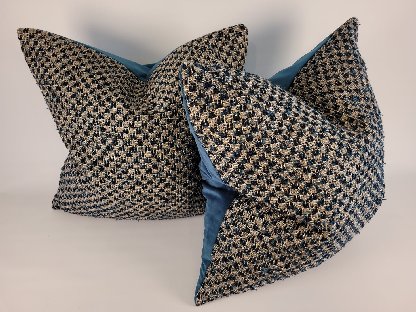 Dark Teal and Grey Tweed Pillow with Dark Teal Velvet Back 22"